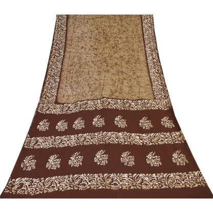 Sanskriti Vintage Sarees Cream/Brown Pure Cotton Batik Work Sari 5+yd Fabric