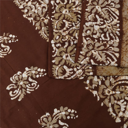 Sanskriti Vintage Sarees Cream/Brown Pure Cotton Batik Work Sari 5+yd Fabric