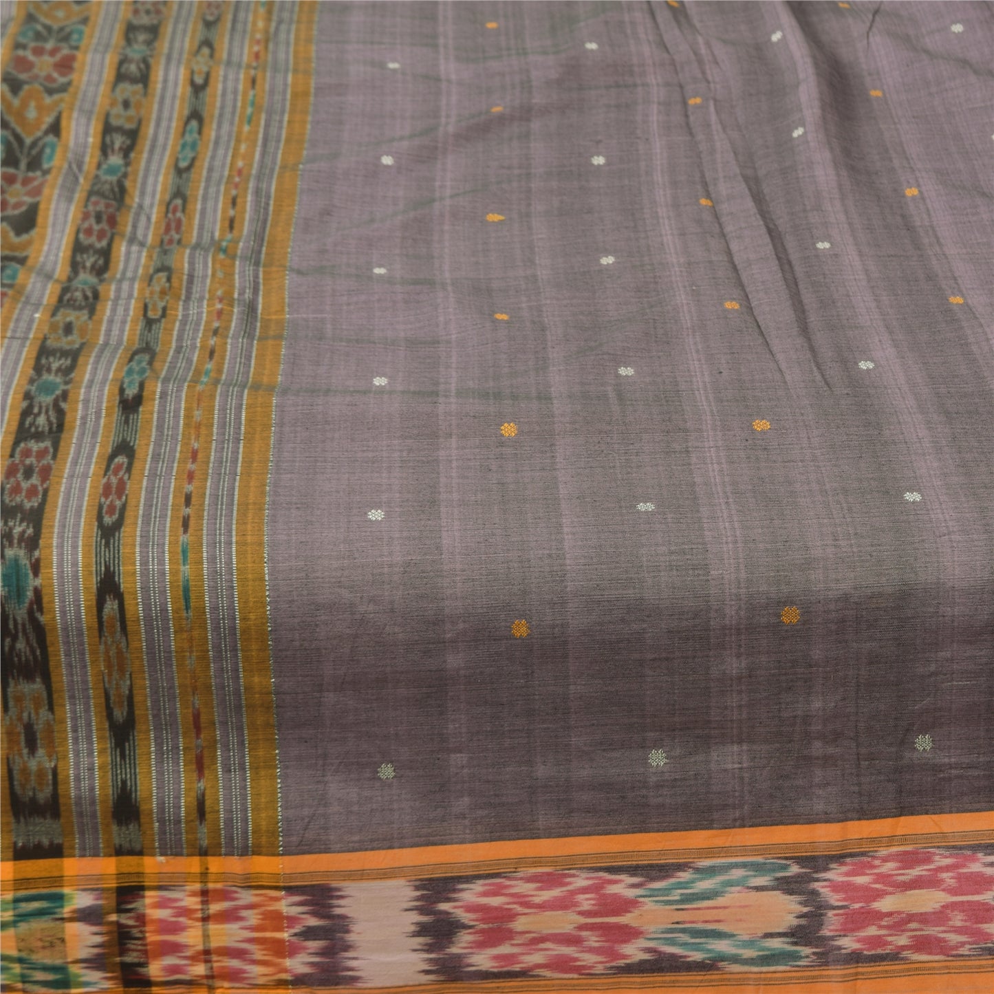 Sanskriti Vintage Sarees Gray Ikat HandWoven Odisha Pure Cotton Sari 5+yd Fabric