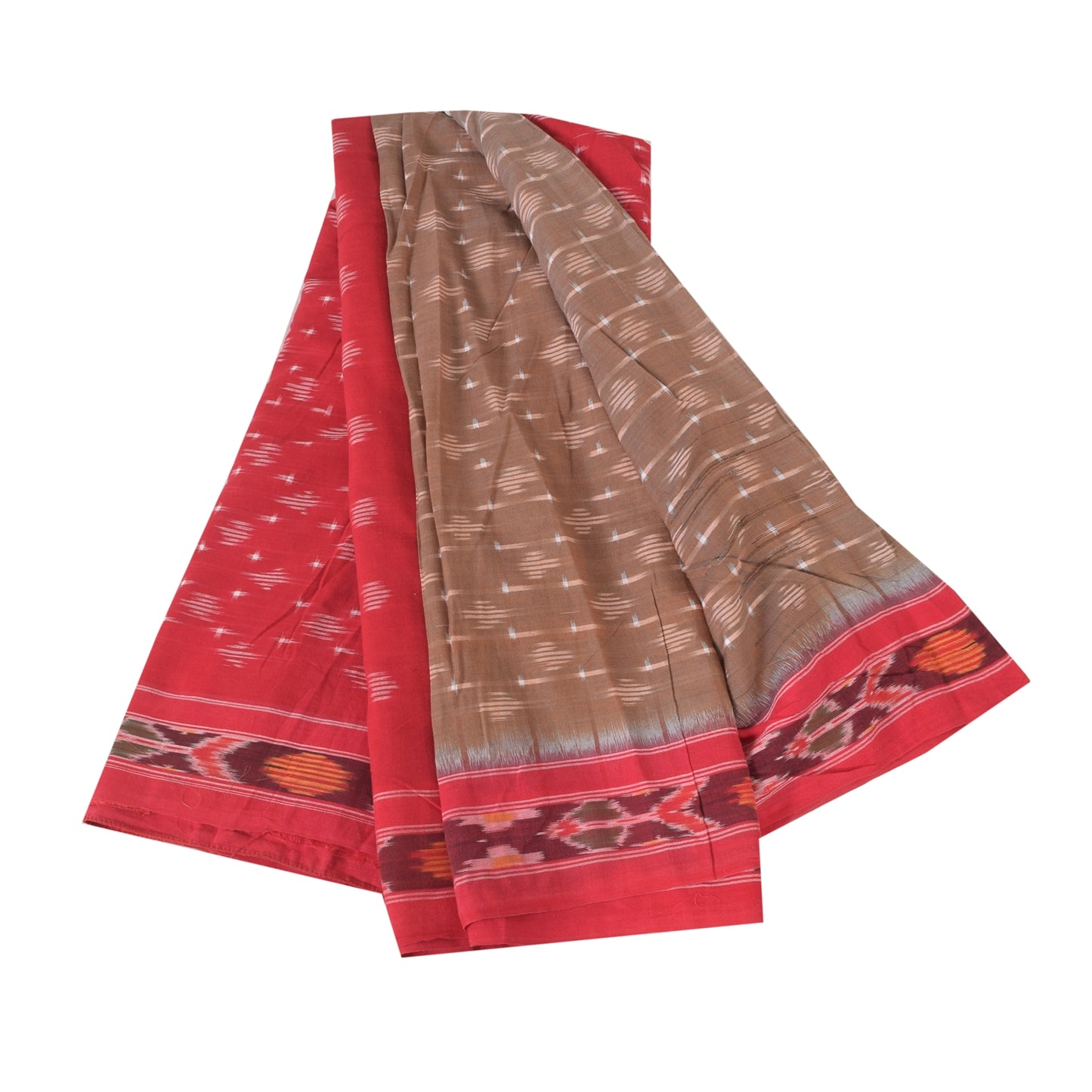 Sanskriti Vintage Sarees Brown/Red Ikat Handwoven Pure Cotton Sari 5+yd Fabric