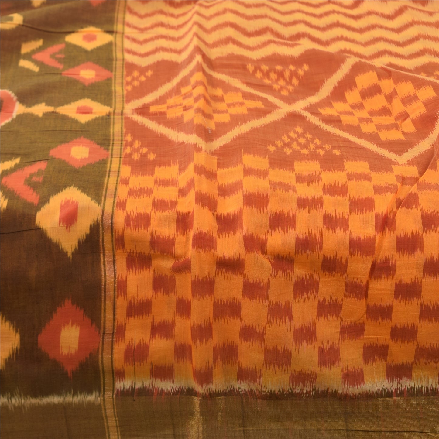 Sanskriti Vintage Sarees Peach/Red Ikat Handwoven Pure Cotton Sari 6+yd Fabric