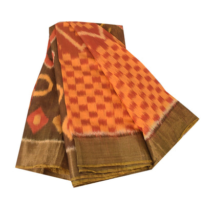 Sanskriti Vintage Sarees Peach/Red Ikat Handwoven Pure Cotton Sari 6+yd Fabric