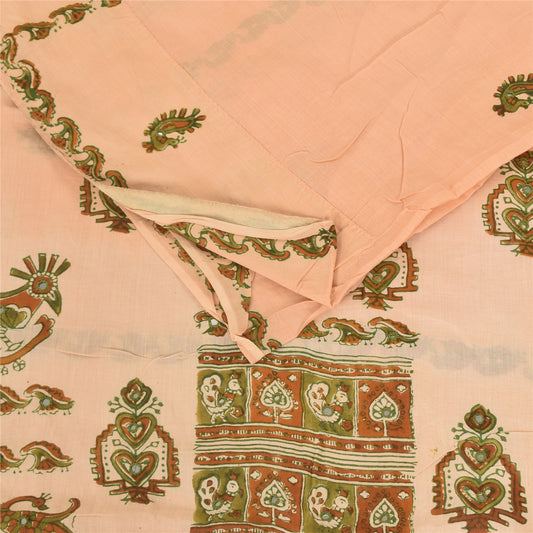 Sanskriti Vintage Sarees Peach Pure Cotton Peacock Print Sari 5+yd Craft Fabric