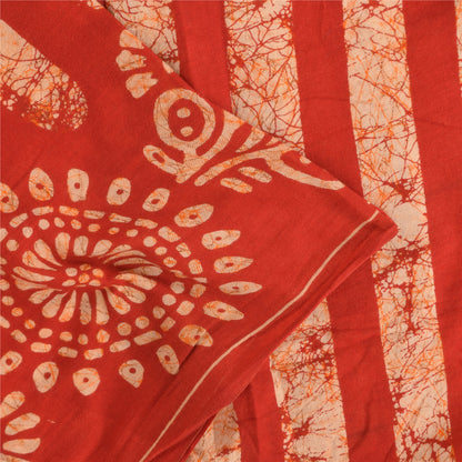 Sanskriti Vintage Sarees Red Batik Work 100% Pure Cotton Sari 5+yd Craft Fabric