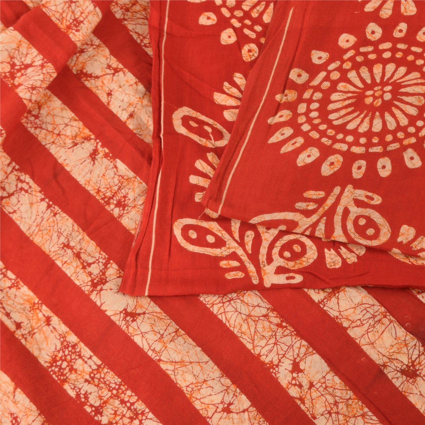 Sanskriti Vintage Sarees Red Batik Work 100% Pure Cotton Sari 5+yd Craft Fabric