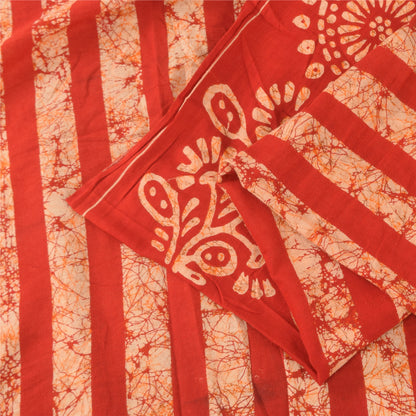 Sanskriti Vintage Sarees Red Batik Work 100% Pure Cotton Sari 5+yd Craft Fabric