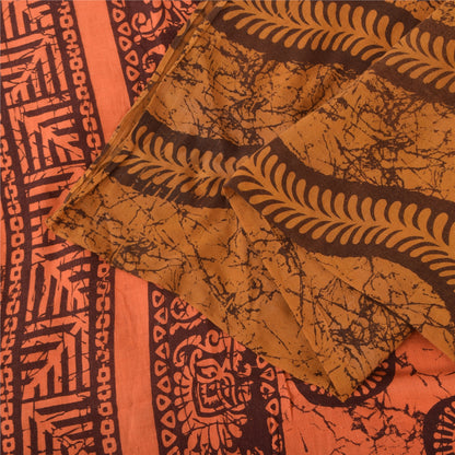 Sanskriti Vintage Sarees Saffron/Peach Batik Print Pure Cotton Sari 5+yd Fabric