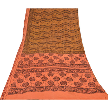 Sanskriti Vintage Sarees Saffron/Peach Batik Print Pure Cotton Sari 5+yd Fabric