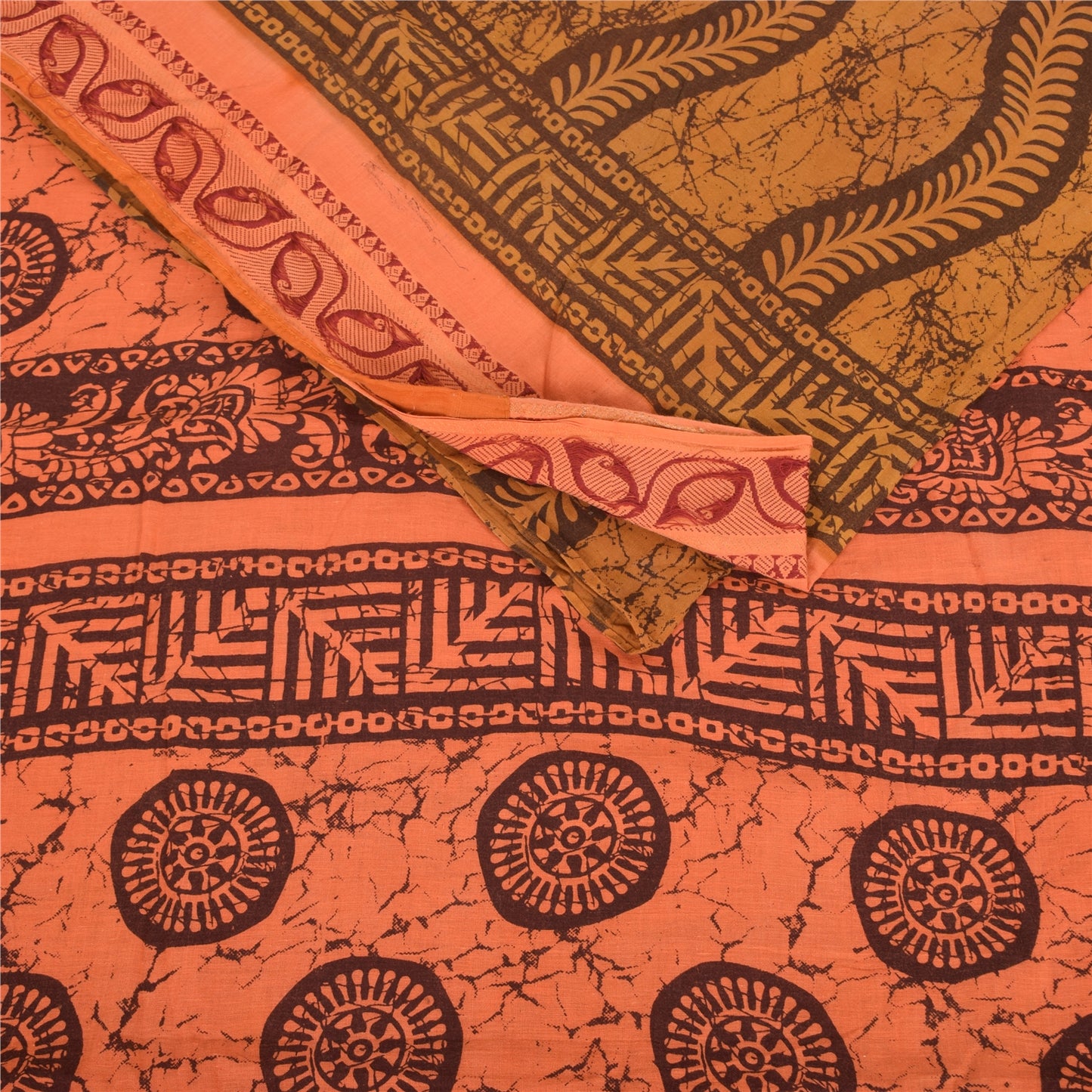 Sanskriti Vintage Sarees Saffron/Peach Batik Print Pure Cotton Sari 5+yd Fabric