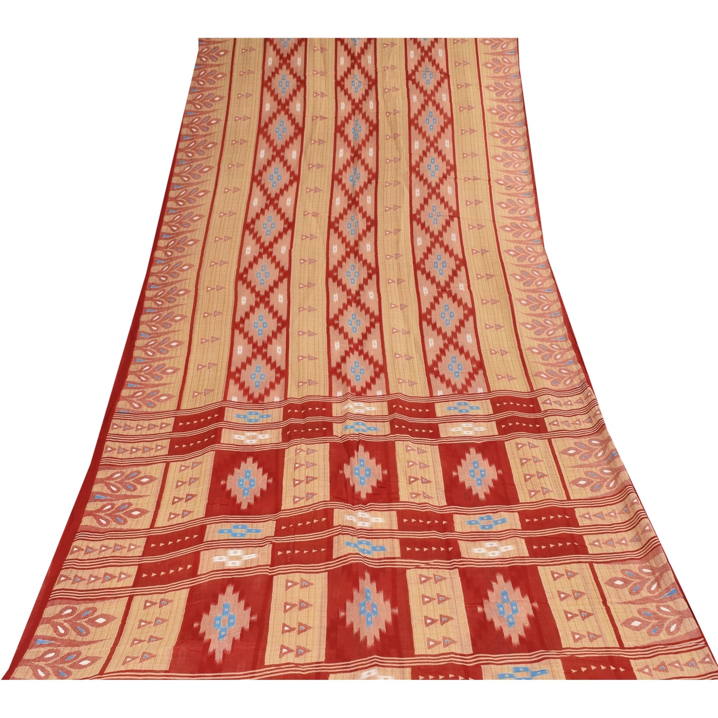 Sanskriti Vintage Sarees Peach/Red Pure Cotton Ikat Printed Sari 5+yd Fabric