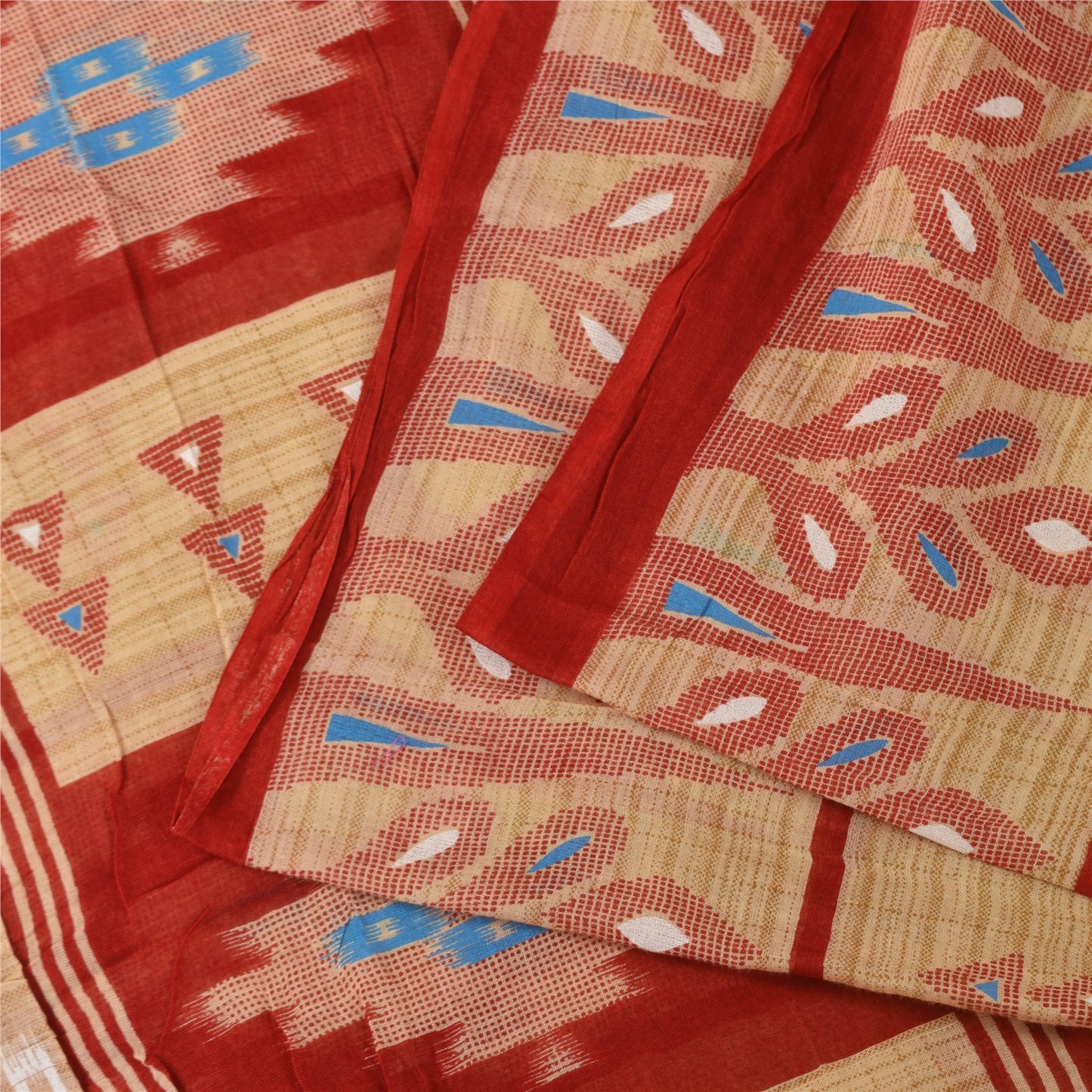 Sanskriti Vintage Sarees Peach/Red Pure Cotton Ikat Printed Sari 5+yd Fabric