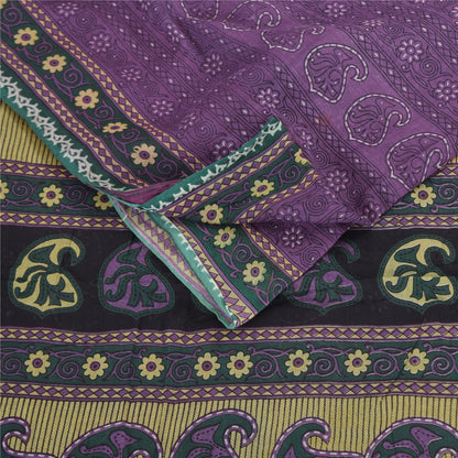 Sanskriti Vintage Sarees Purple 100% Pure Cotton Printed Sari 5+yd Craft Fabric