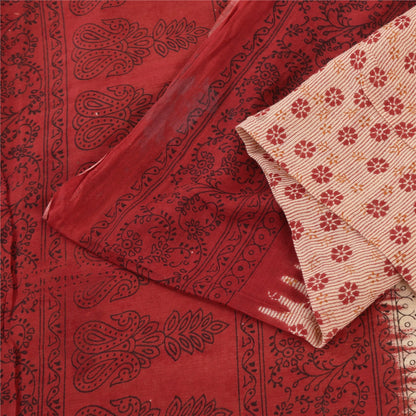 Sanskriti Vintage Sarees Peach/Red Pure Cotton Printed Sari 5+yd Craft Fabric