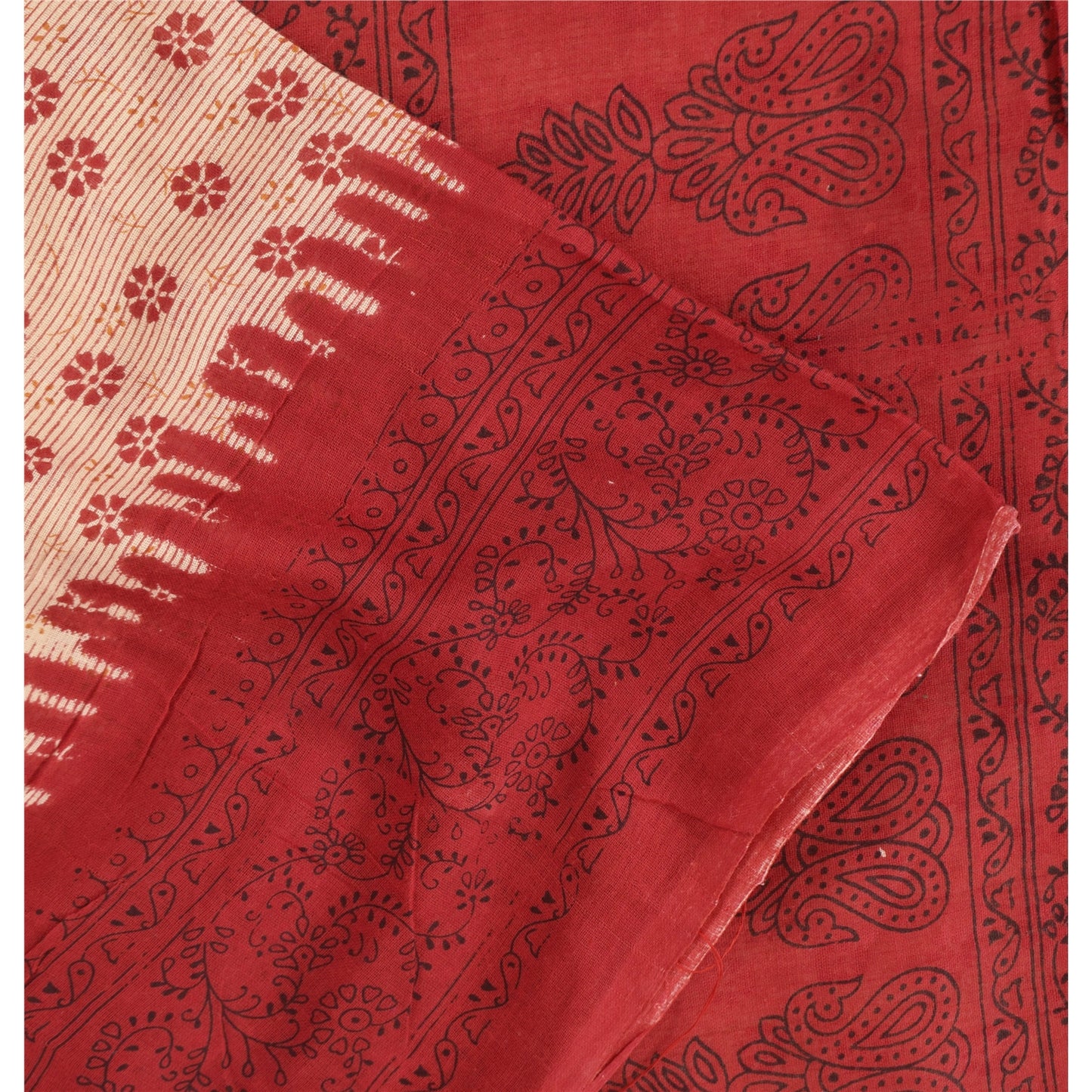 Sanskriti Vintage Sarees Peach/Red Pure Cotton Printed Sari 5+yd Craft Fabric