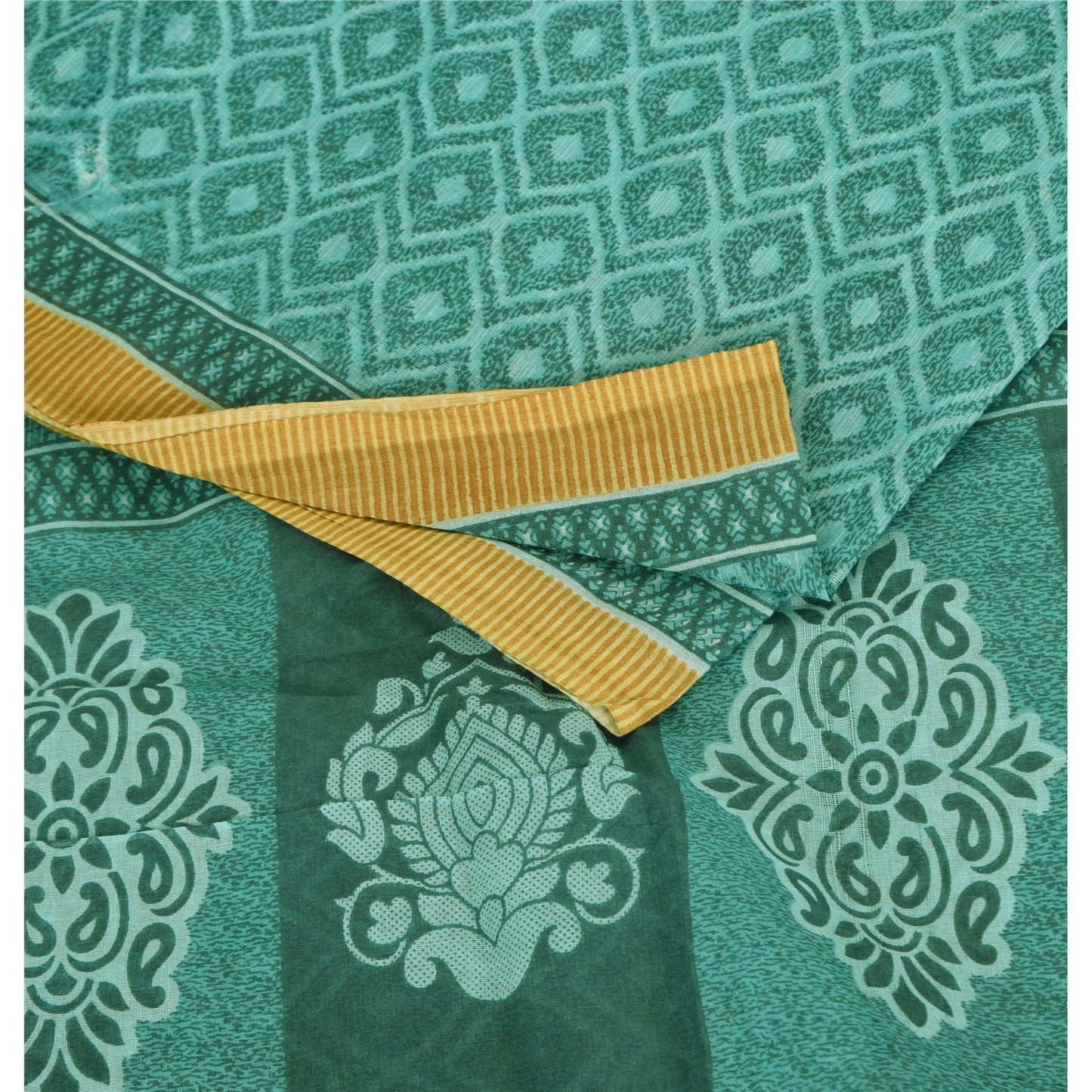 Sanskriti Vintage Sarees Sea-Green Pure Cotton Printed Sari 5+yd Craft Fabric