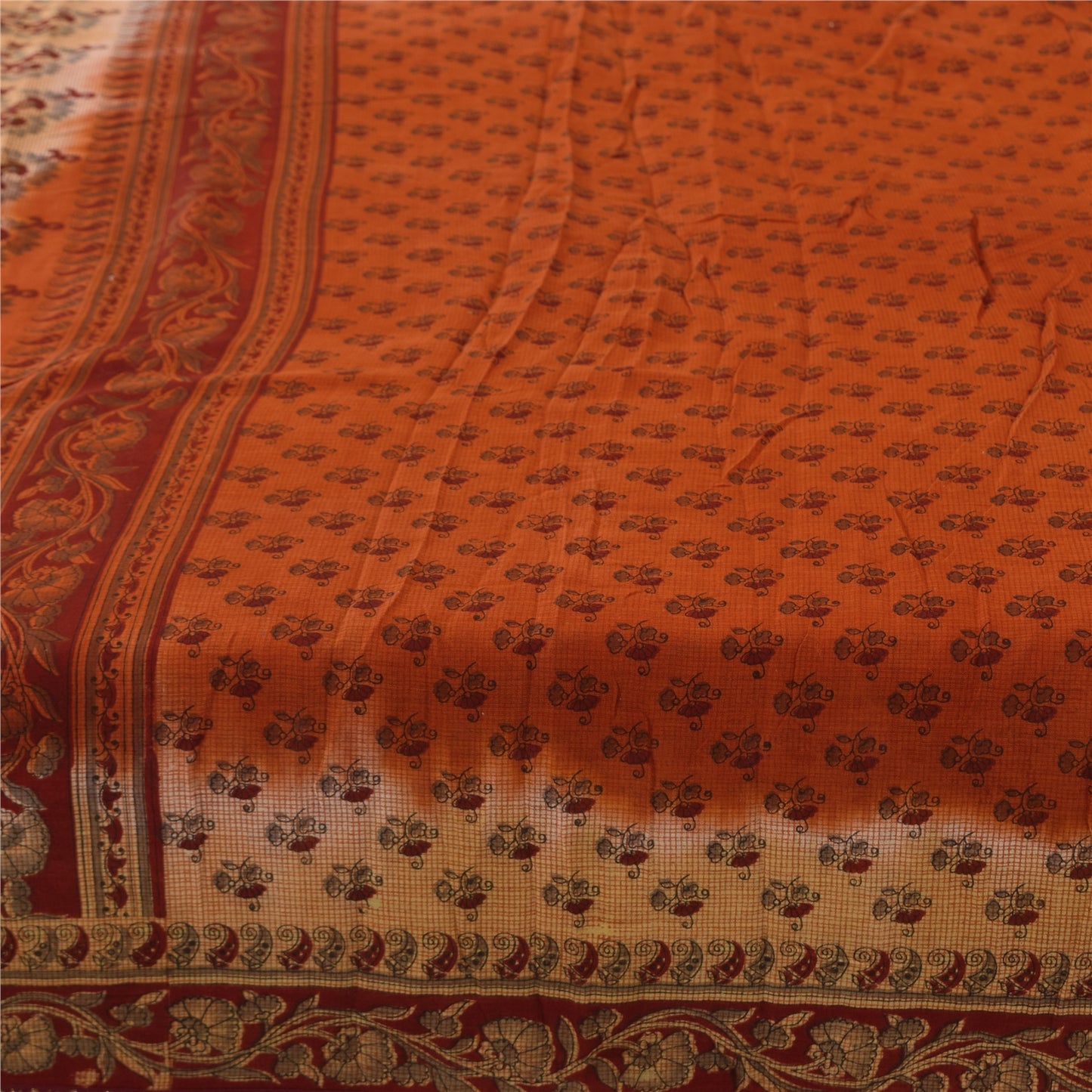 Sanskriti Vintage Sarees Rusty Orange Pure Cotton Printed Sari 5+yd Craft Fabric