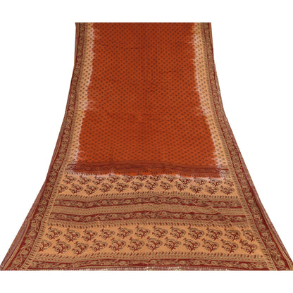 Sanskriti Vintage Sarees Rusty Orange Pure Cotton Printed Sari 5+yd Craft Fabric