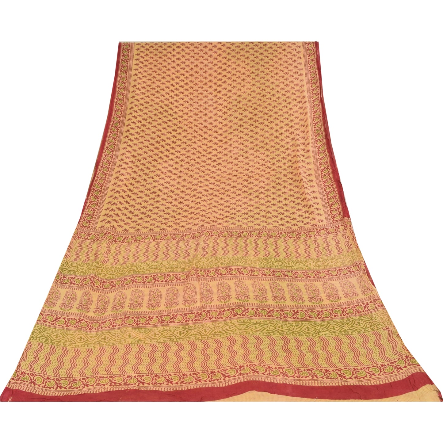 Sanskriti Vintage Sarees Peach Pure Cotton Hand Block Printed Sari 5+yd Fabric