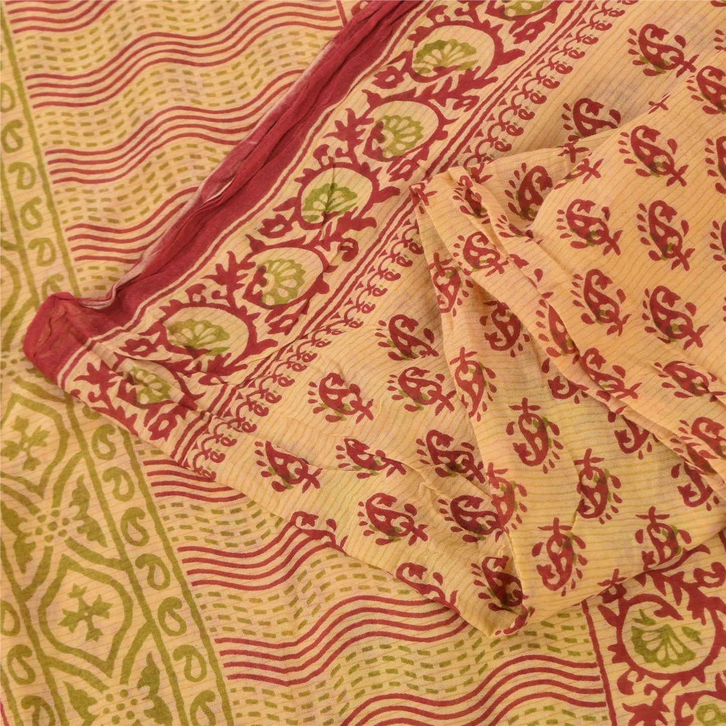 Sanskriti Vintage Sarees Peach Pure Cotton Hand Block Printed Sari 5+yd Fabric