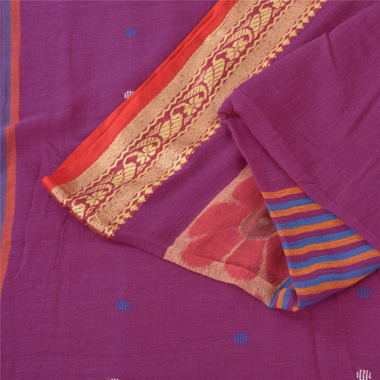 Sanskriti Vintage Sarees Purple Ikat Hand Woven Pure Cotton Sari 5+yd Fabric