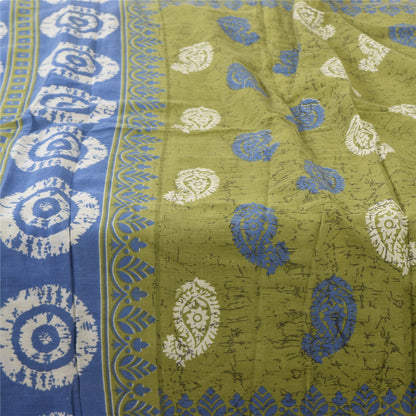 Sanskriti Vintage Sarees Green 100% Pure Cotton Printed Sari 5+yd Craft Fabric