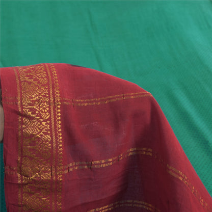 Sanskriti Vintage Sarees Green/Red ZarI Woven Print Pure Cotton Sari 5yd Fabric