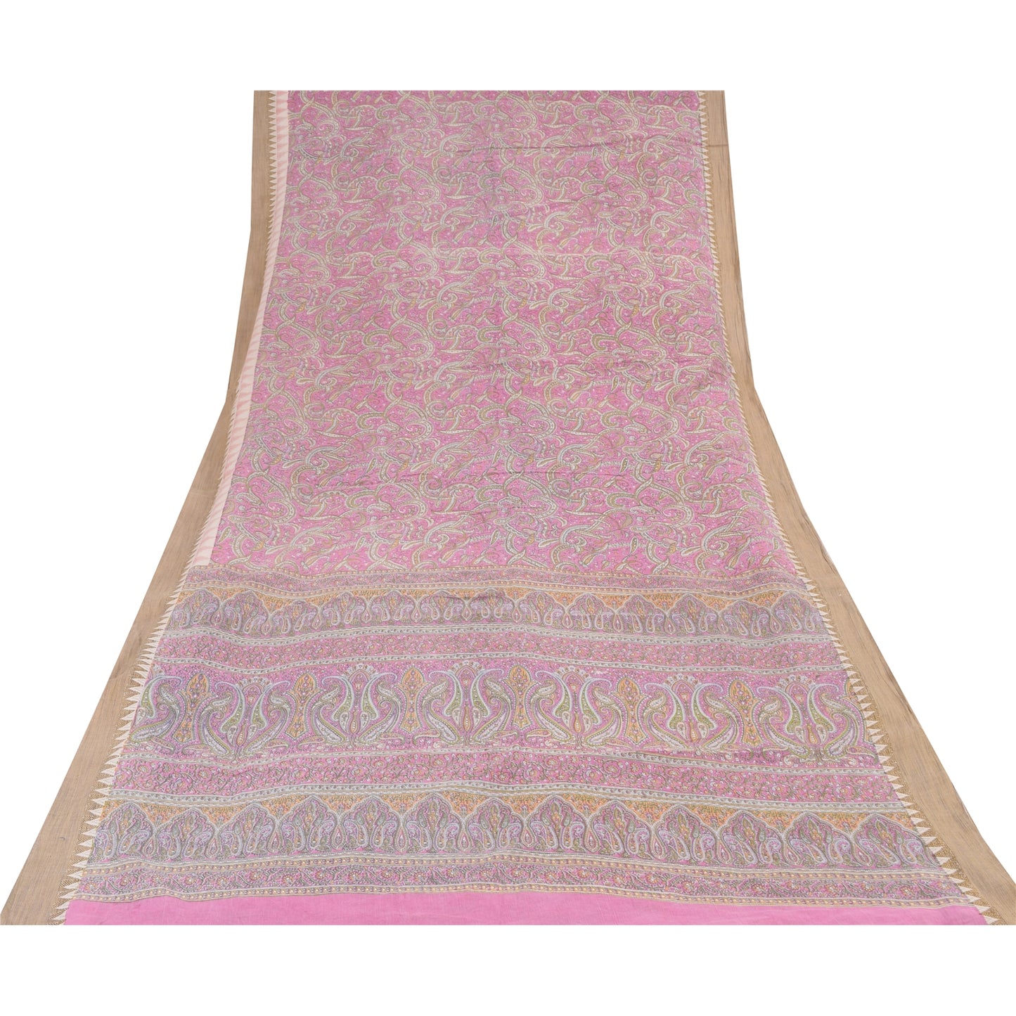 Sanskriti Vintage Sarees Pink Pure Cotton Paisley Printed Sari 5+yd Craft Fabric