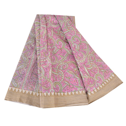 Sanskriti Vintage Sarees Pink Pure Cotton Paisley Printed Sari 5+yd Craft Fabric