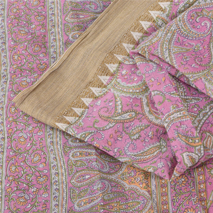 Sanskriti Vintage Sarees Pink Pure Cotton Paisley Printed Sari 5+yd Craft Fabric