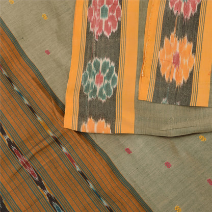 Sanskriti Vintage Sarees Gray Ikat Handwoven Odisha Pure Cotton Sari 5+yd Fabric