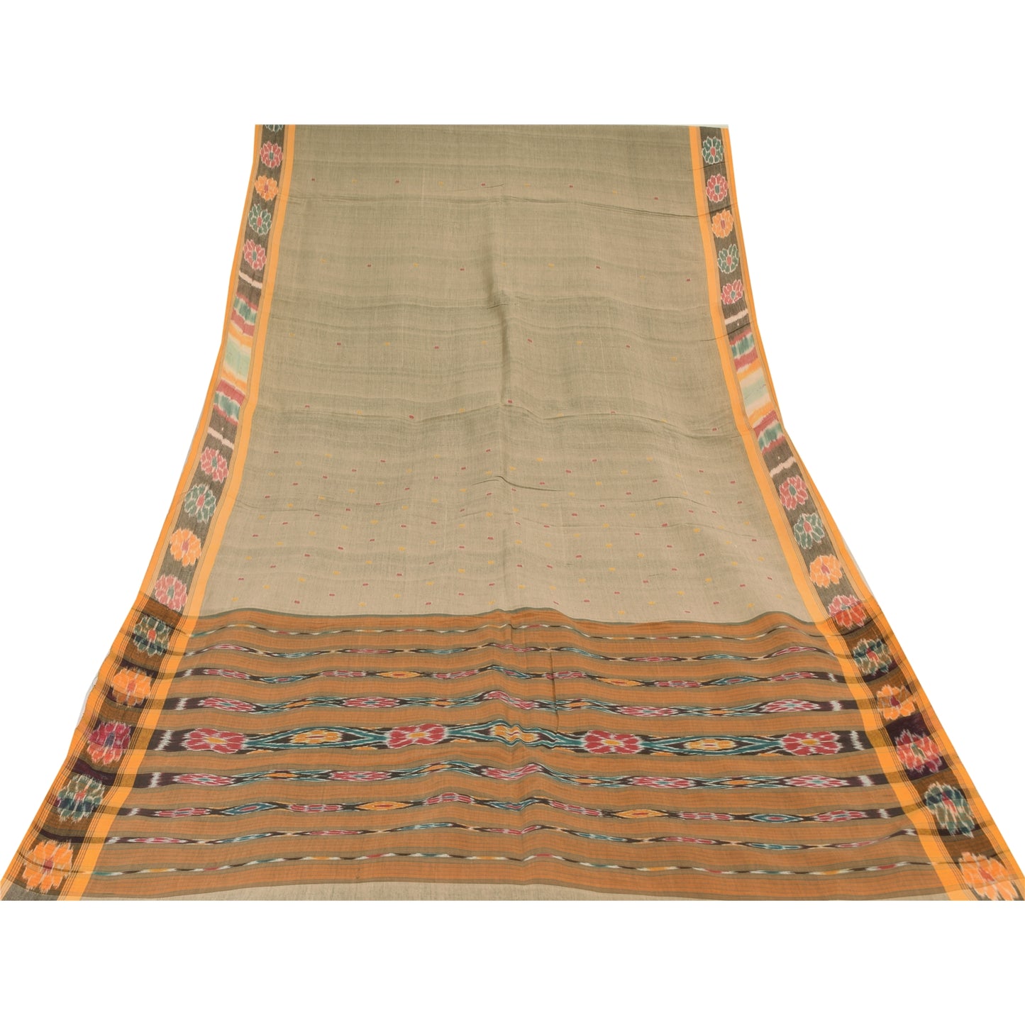 Sanskriti Vintage Sarees Gray Ikat Handwoven Odisha Pure Cotton Sari 5+yd Fabric