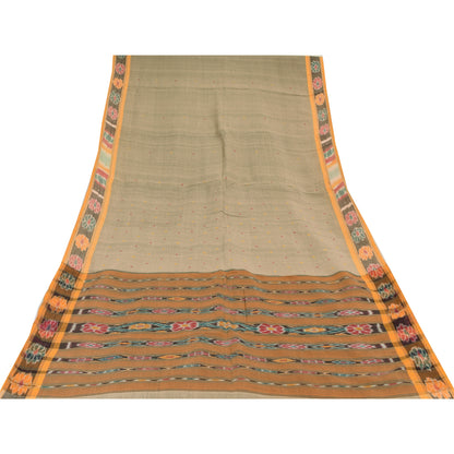 Sanskriti Vintage Sarees Gray Ikat Handwoven Odisha Pure Cotton Sari 5+yd Fabric