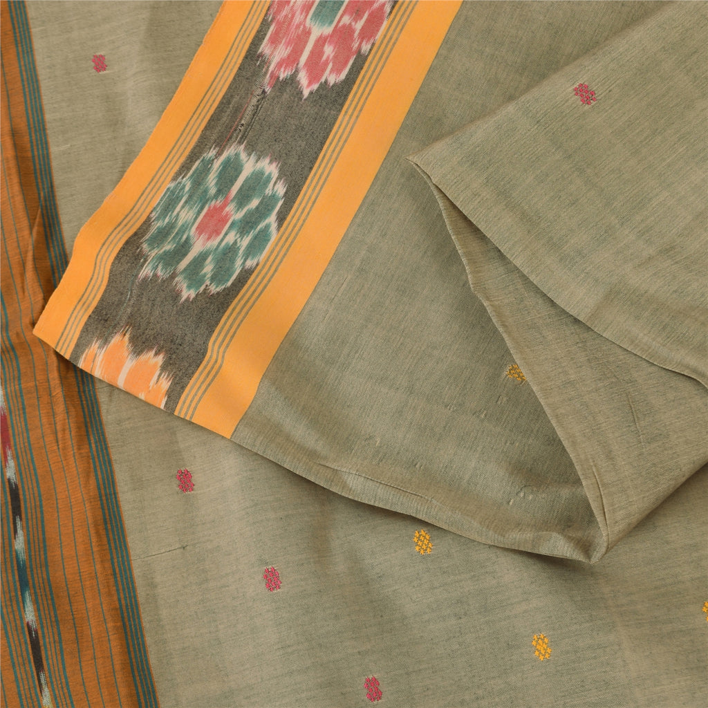 Sanskriti Vintage Sarees Gray Ikat Handwoven Odisha Pure Cotton Sari 5+yd Fabric