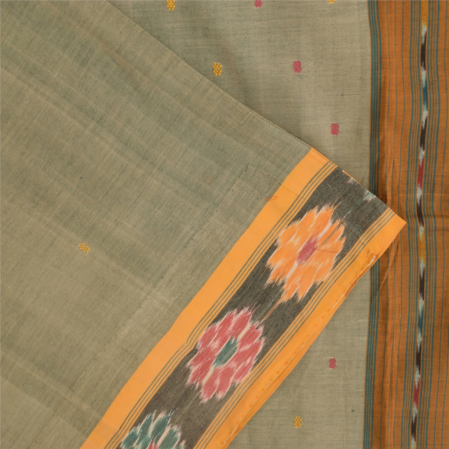 Sanskriti Vintage Sarees Gray Ikat Handwoven Odisha Pure Cotton Sari 5+yd Fabric