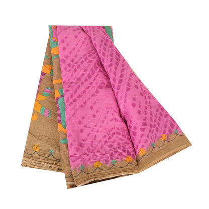 Sanskriti Vintage Sarees Pink/Brown Tie-Dye Printed Pure Cotton Sari 5+yd Fabric