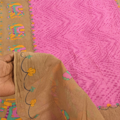 Sanskriti Vintage Sarees Pink/Brown Tie-Dye Printed Pure Cotton Sari 5+yd Fabric