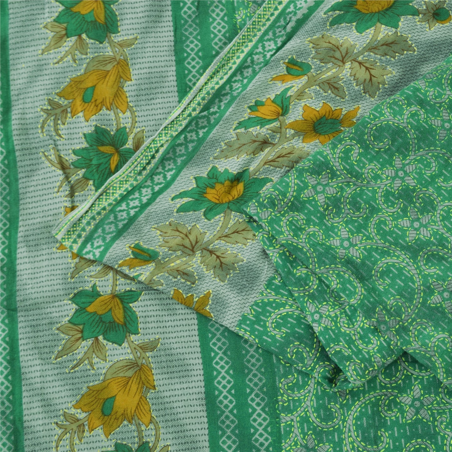 Sanskriti Vintage Sarees Green 100% Pure Cotton Printed Sari 5+yd Craft Fabric