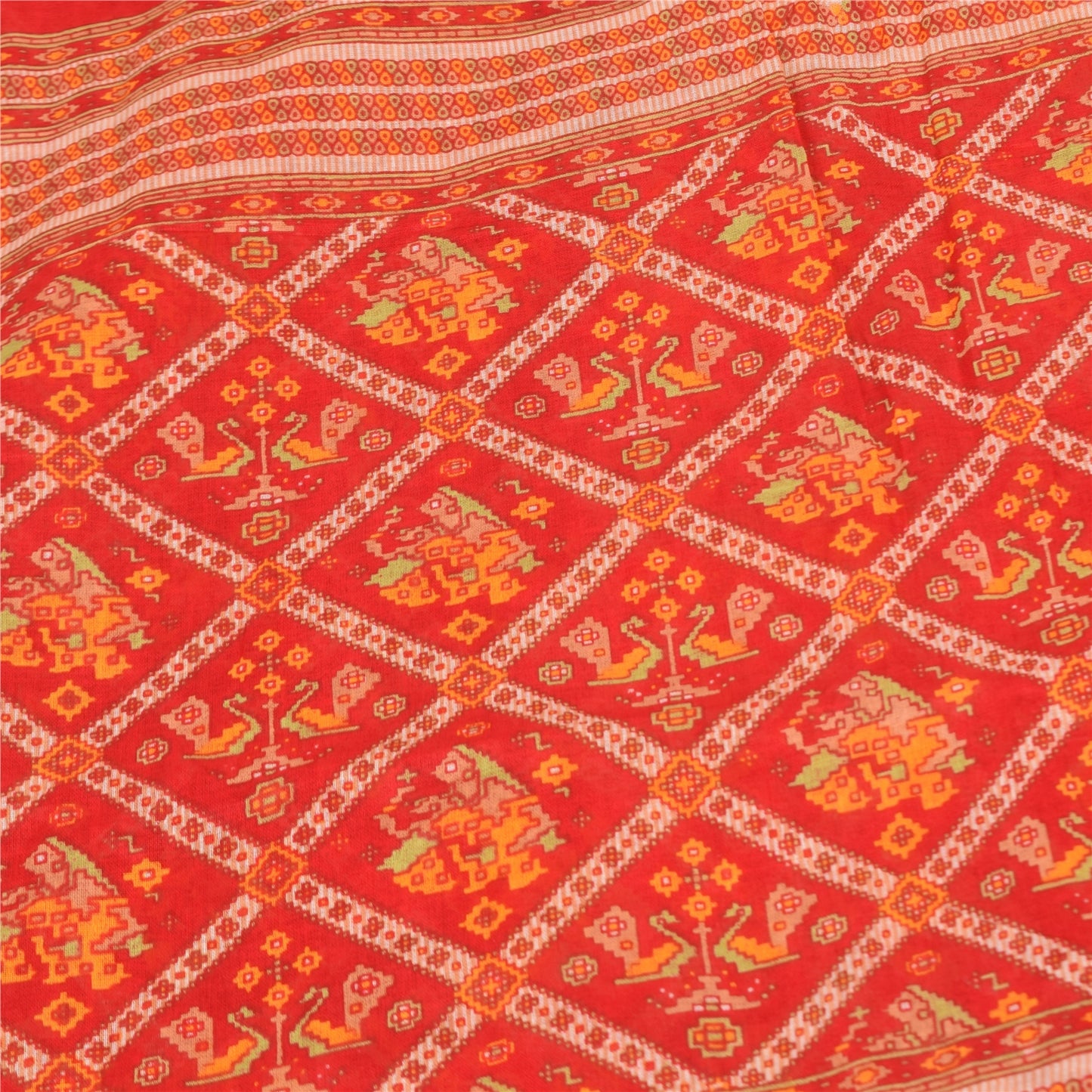 Sanskriti Vintage Sarees Red Patan Patola Pure Cotton Printed Sari 5+yd Fabric