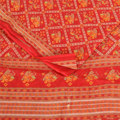 Sanskriti Vintage Sarees Red Patan Patola Pure Cotton Printed Sari 5+yd Fabric