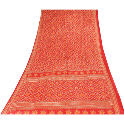 Sanskriti Vintage Sarees Red Patan Patola Pure Cotton Printed Sari 5+yd Fabric