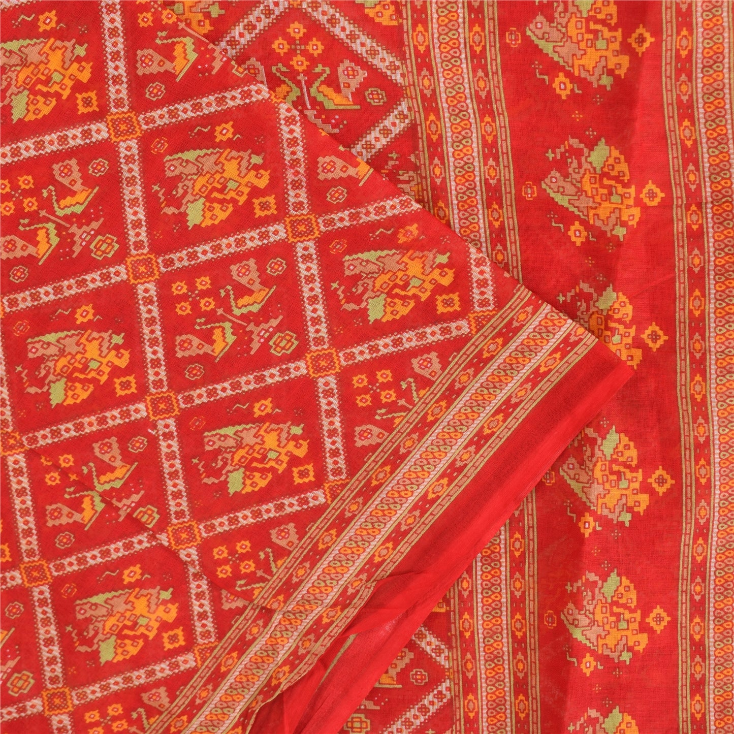 Sanskriti Vintage Sarees Red Patan Patola Pure Cotton Printed Sari 5+yd Fabric