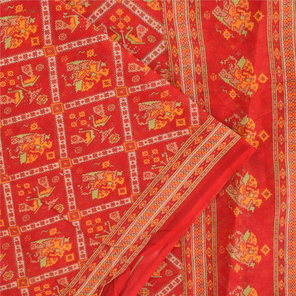 Sanskriti Vintage Sarees Red Patan Patola Pure Cotton Printed Sari 5+yd Fabric