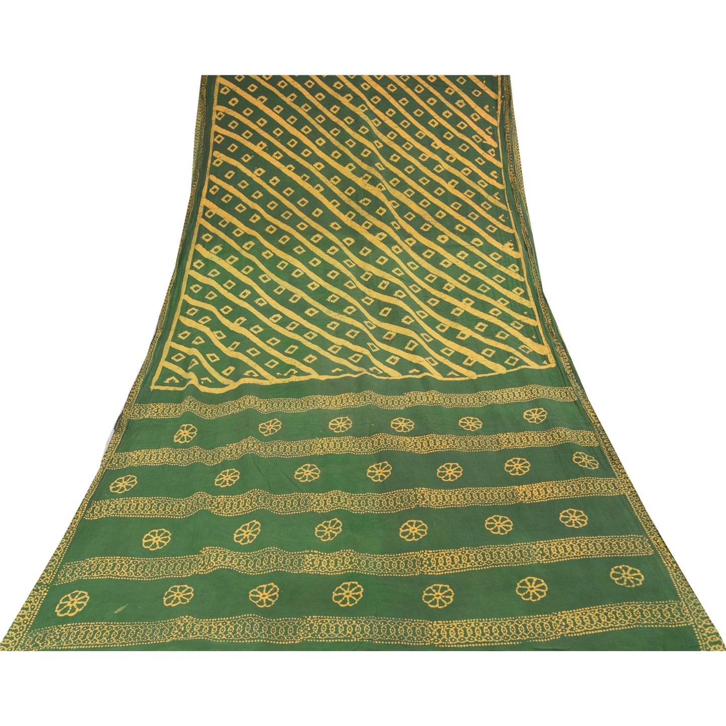 Sanskriti Vintage Sarees Green/Yellow Pure Cotton Batik Work Sari 5+yd Fabric