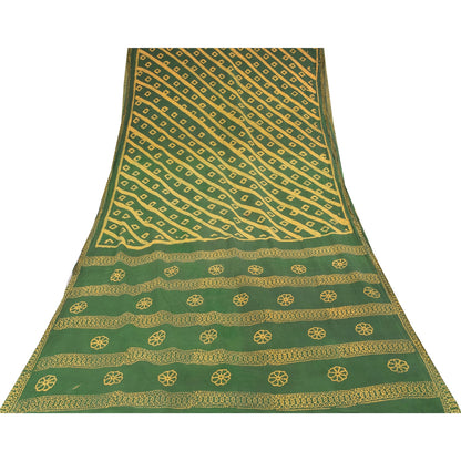 Sanskriti Vintage Sarees Green/Yellow Pure Cotton Batik Work Sari 5+yd Fabric