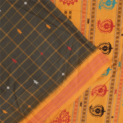 Sanskriti Vintage Sarees Black Hand Embroidered Pure Cotton Sari 5+yd Fabric