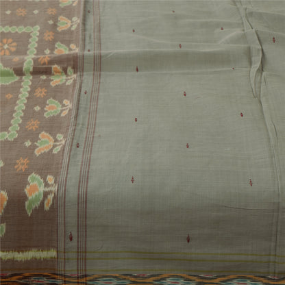 Sanskriti Vintage Sarees Gray Ikat Handwoven Odisha Pure Cotton Sari 5+yd Fabric