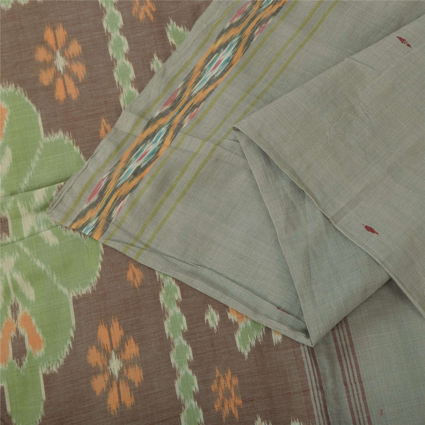 Sanskriti Vintage Sarees Gray Ikat Handwoven Odisha Pure Cotton Sari 5+yd Fabric