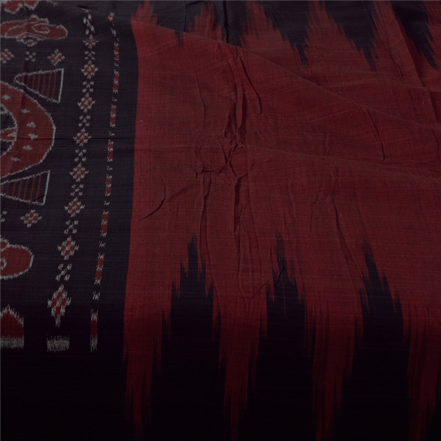 Sanskriti Vintage Sarees Red Ikat Handwoven Odisha Pure Cotton Sari 5+yd Fabric