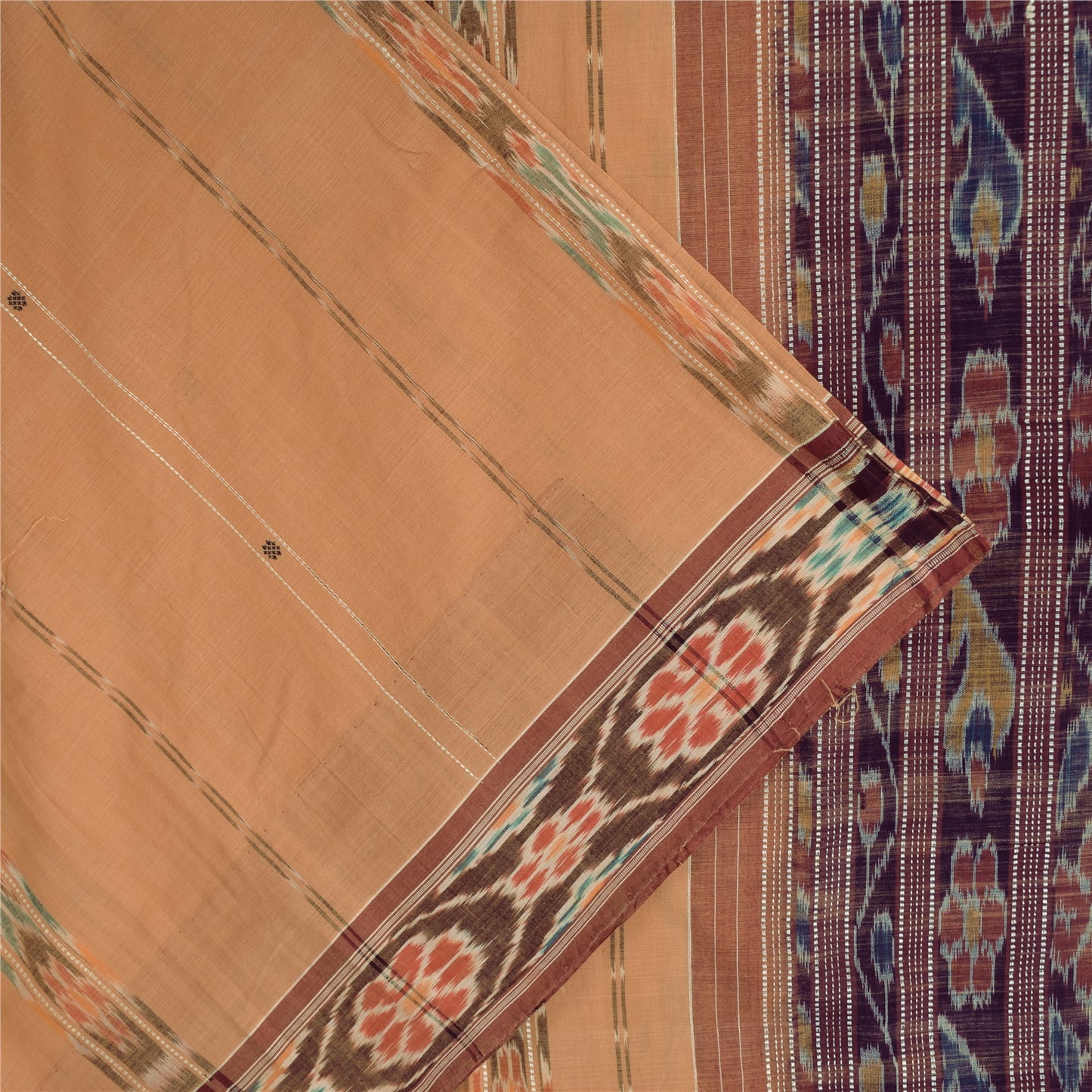 Sanskriti Vintage Sarees PeachIkat Handwoven Odisha Pure Cotton Sari 5+yd Fabric