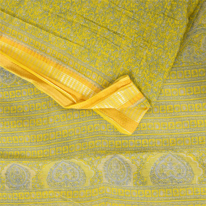 Sanskriti Vintage Sarees Yellow/Blue Pure Cotton Printed Sari 5+yd Craft Fabric